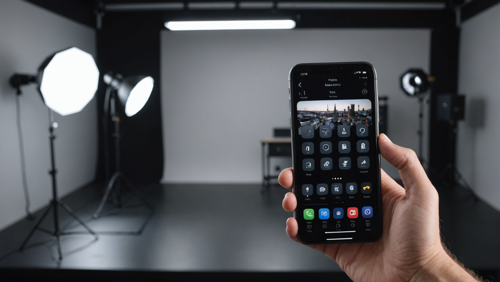 Крупный план iPhone в профессиональной фотостудии, показывающий настройки фотографических стилей.