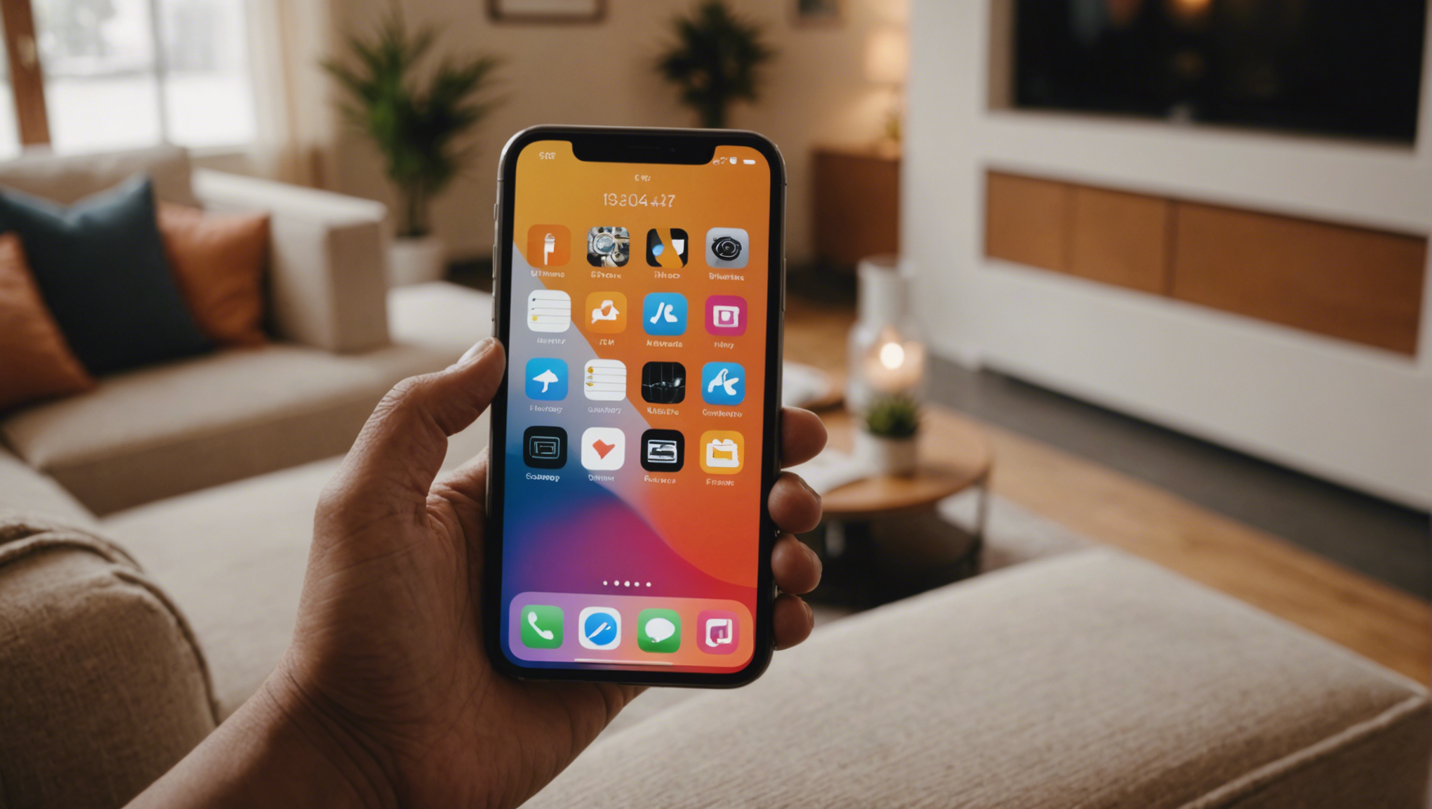 Крупный план iPhone в уютной гостиной, показывающий скрытые настройки приложения.