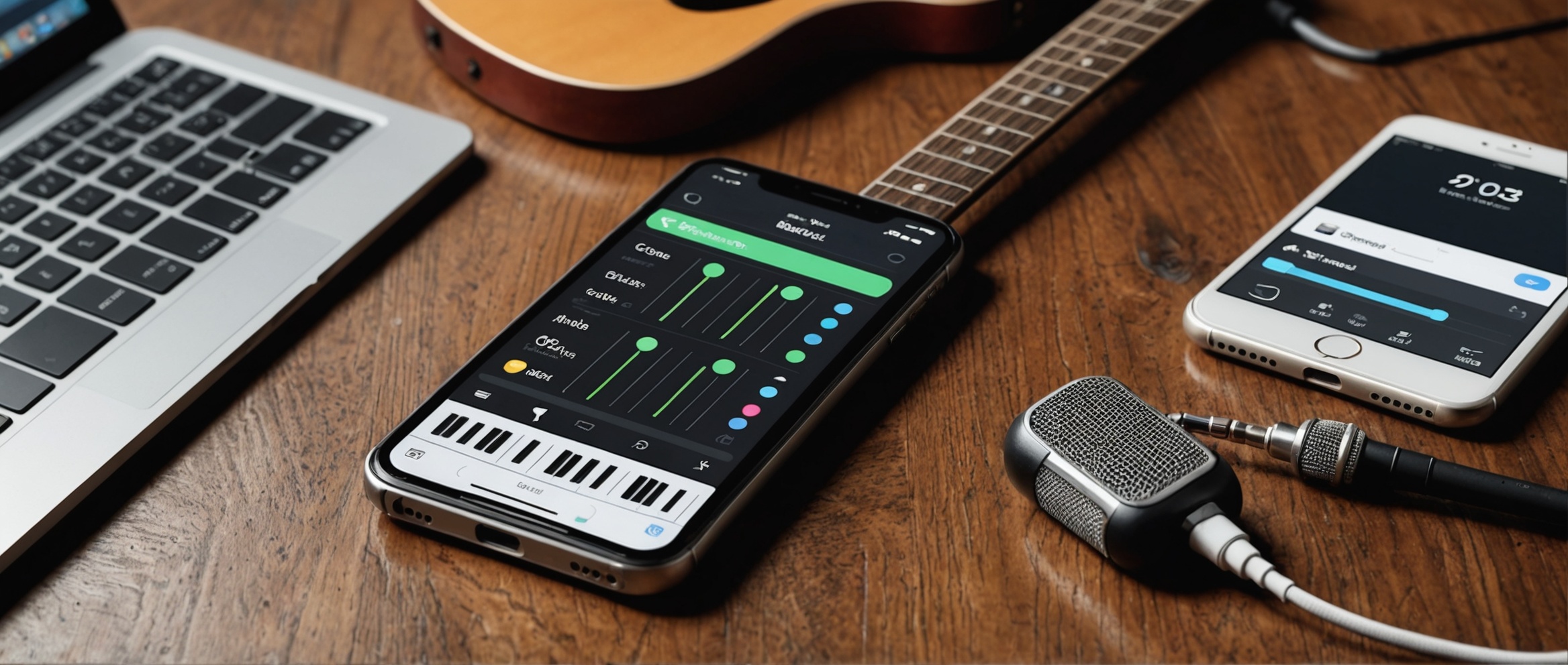 Художественное изображение iPhone, помещенного на деревянный стол рядом с множеством музыкальных инструментов, таких как гитара, клавишные и набор микрофонов.