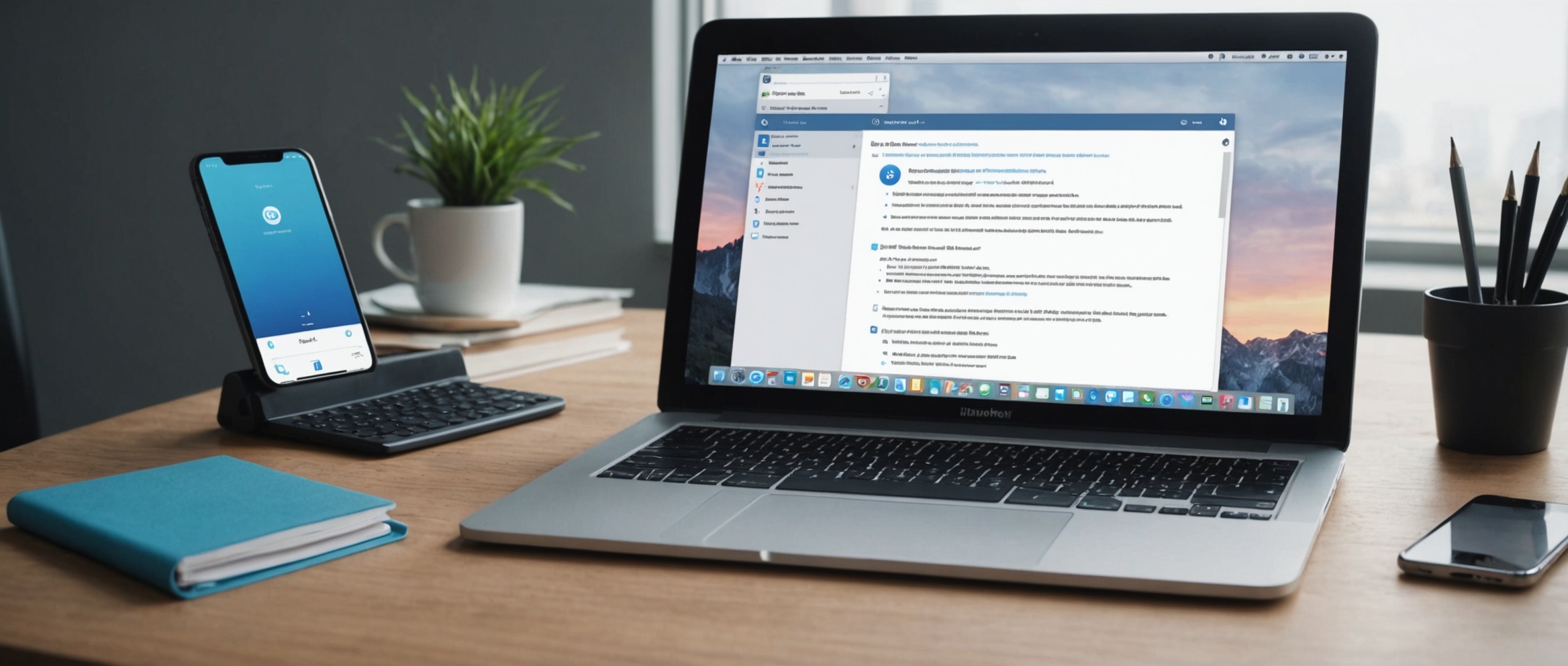 Современное рабочее место с ноутбуком, смартфоном на стойке и блокнотом на столе.