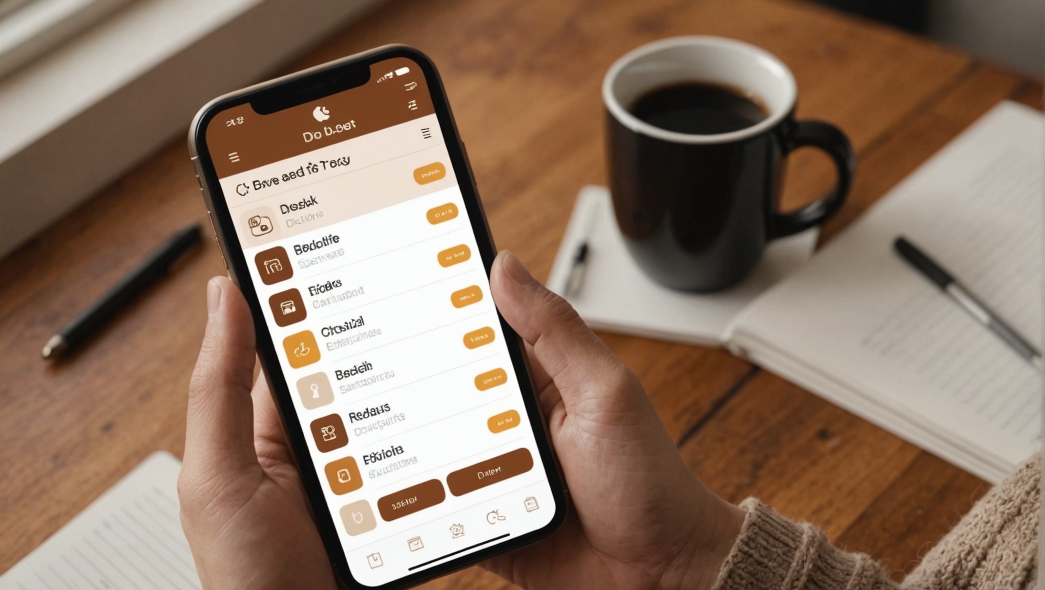 Рука держит смартфон с открытым приложением для задач рядом с чашкой кофе и записной книжкой на столе.