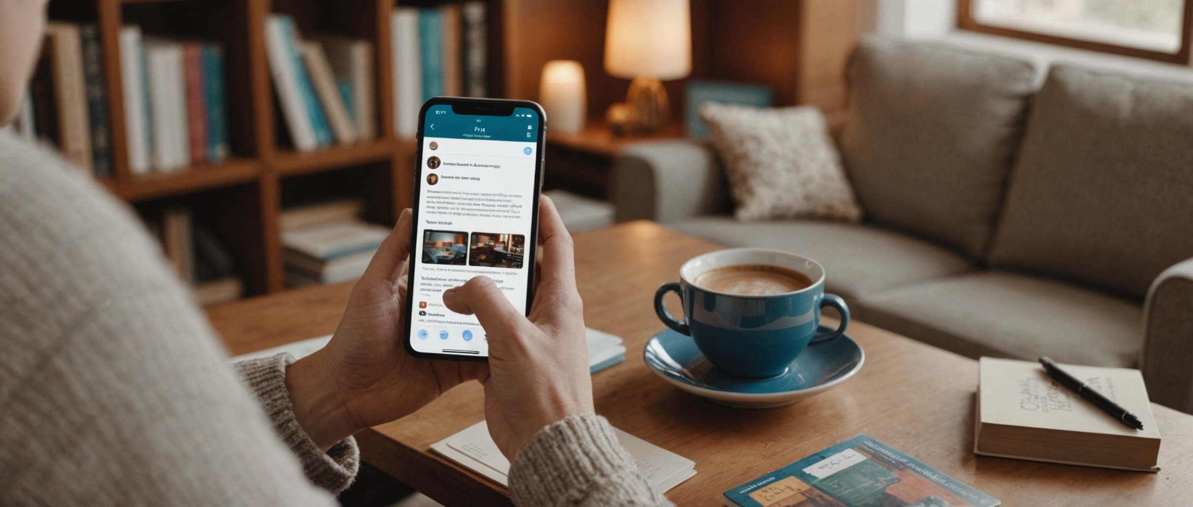 Человек просматривает социальные сети на смартфоне в уютной гостиной с чашкой кофе на столе.