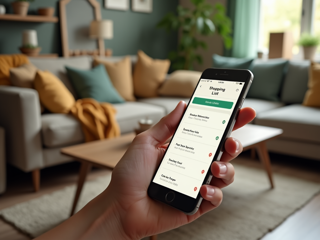 Рука держит смартфон с открытым списком покупок на экране в уютной гостиной.